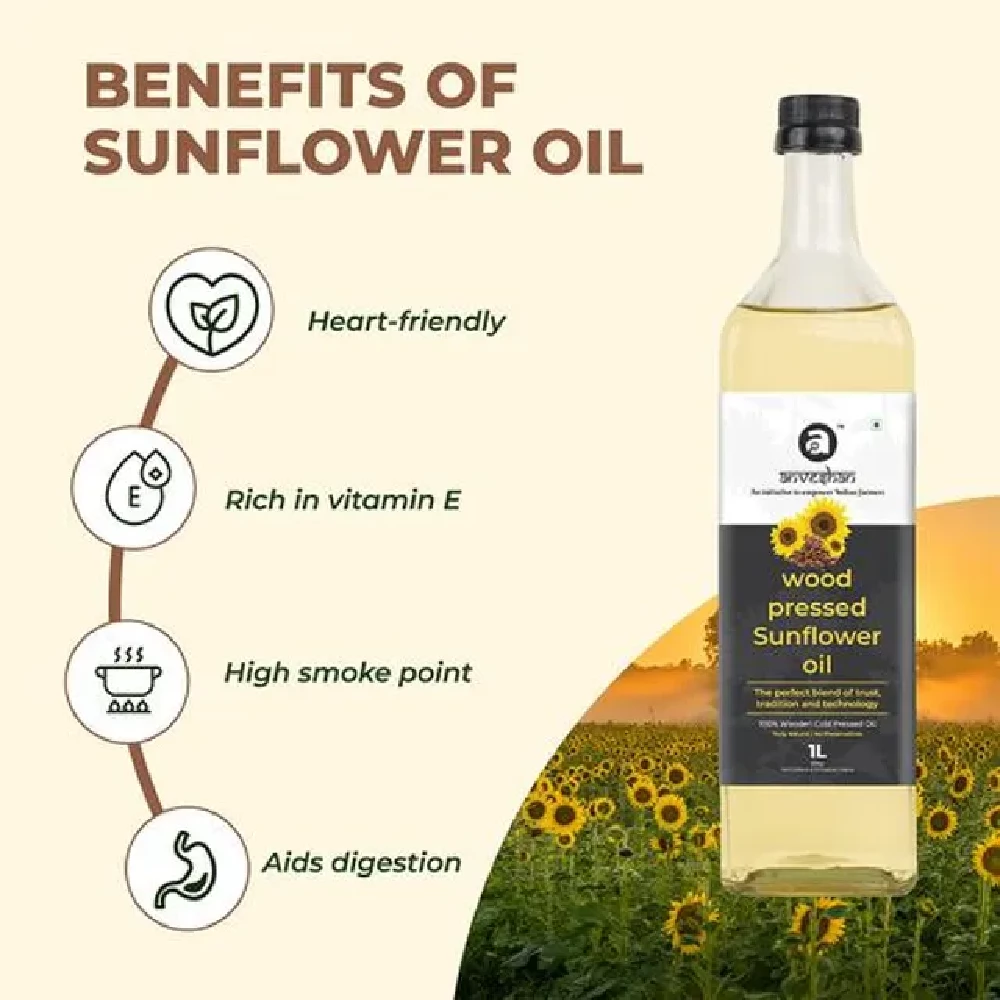 Anveshan Wood Cold Pressed Sunflower Cooking Oil - Heart-Healthy Good Fats, 1 L Glass Bottle-4.webp